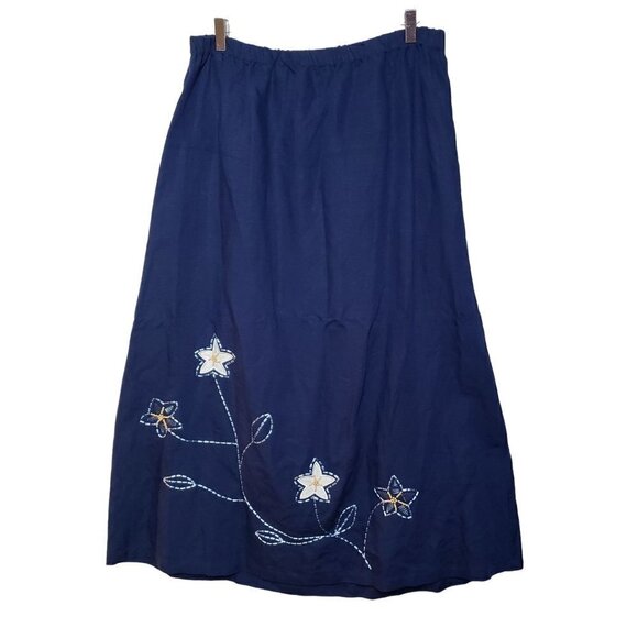 Susan Graver Floral Maxi Skirt Linen Rayon Embroidered Blue Pull On Womens 1X - Picture 1 of 9